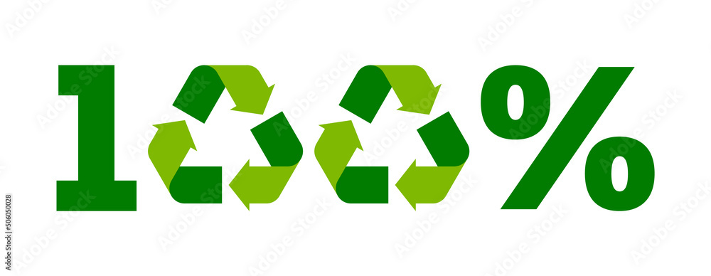 100% recycled label, sign or symbol. Green recycle sign lettering. 100 percent recycled materials banner. Simple recycling concept. Environmental friendly product. Vector illustration, flat, clip art 100% recycled label, sign or symbol. Green recycle sign lettering. 100 percent recycled materials banner. Simple recycling concept. Environmental friendly product. Vector illustration, flat, clip art