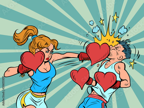 A woman beats a man. Female boxer valentine's day heart gloves, strong emotions feelings