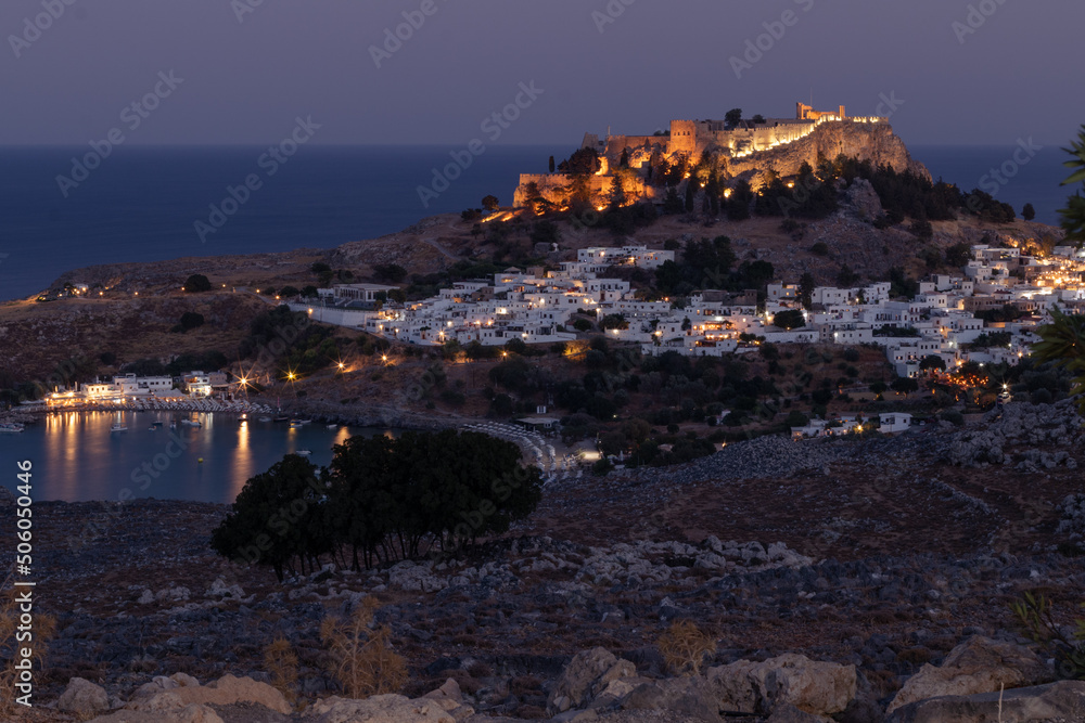 Night photography with the village and the Acropolis of Lindos