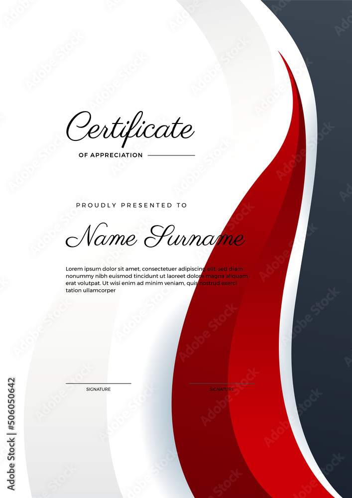 Modern red black certificate of achievement template with gold badge ...