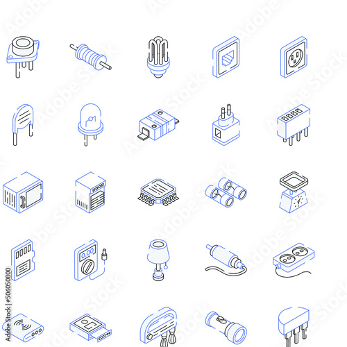 Electronic Components Outline Isometric Icons 