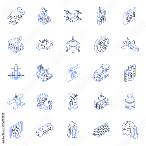 Collection of Astronomy Outline Isometric Icons