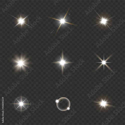 Lens flares set isolated on transparent background. Sun flash with rays or gold spotlight and bokeh. Glow flare light effect. Vector illustration.