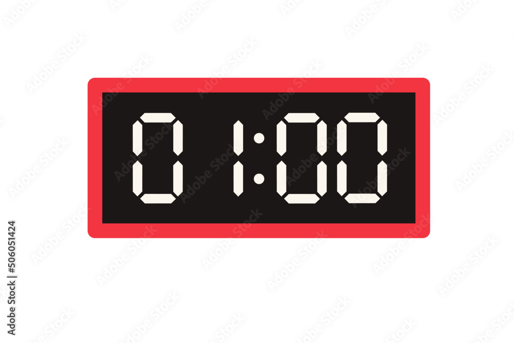 Vector flat illustration of a digital clock displaying 01.00 . Illustration of alarm with digital number design. Clock icon for hour, watch, alarm signs.