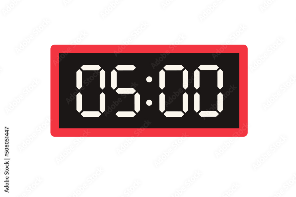 Vector flat illustration of a digital clock displaying 05.00 . Illustration of alarm with digital number design. Clock icon for hour, watch, alarm signs. Vector flat illustration of a digital clock displaying 05.00 . Illustration of alarm with digital number design. Clock icon for hour, watch, alarm signs.