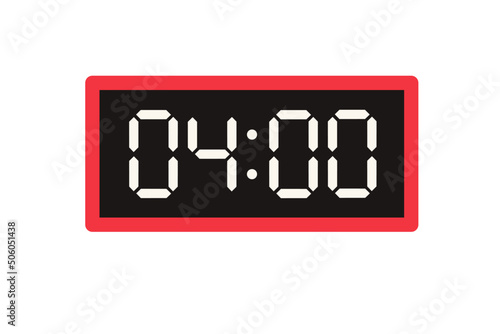 Vector flat illustration of a digital clock displaying 04.00 . Illustration of alarm with digital number design. Clock icon for hour, watch, alarm signs.