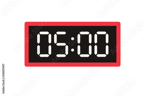 Vector flat illustration of a digital clock displaying 05.00 . Illustration of alarm with digital number design. Clock icon for hour, watch, alarm signs.