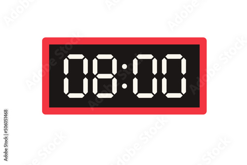 Vector flat illustration of a digital clock displaying 08.00 . Illustration of alarm with digital number design. Clock icon for hour, watch, alarm signs.