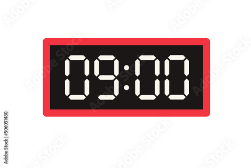 Vector flat illustration of a digital clock displaying 09.00 . Illustration of alarm with digital number design. Clock icon for hour, watch, alarm signs.