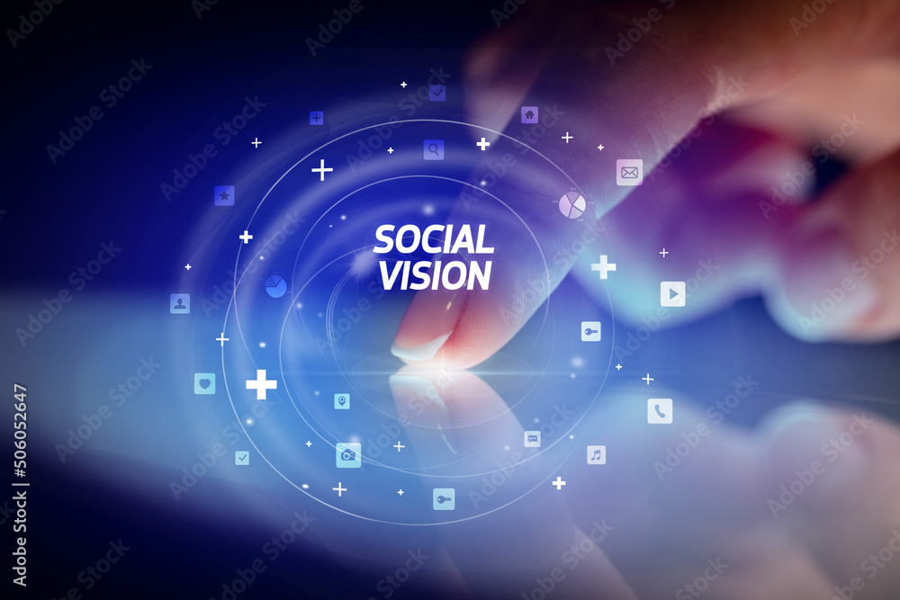 Finger touching tablet with social media icons concept Finger touching tablet with social media icons concept
