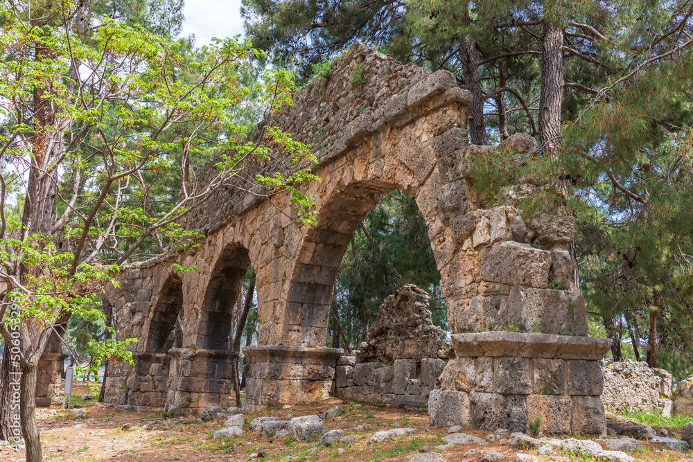 The Phaselis Aqueduct at the ancient city on the coast of Antalya Province in Turkey.