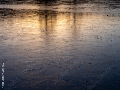 Frozen river, Ice at sunrise, Biebrza National Park, Poland