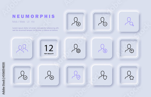 Man with button set icon. Plus, minus, star, gear, dollar, clock, tick, cross, pointer. Add, delete, favorites, settings, time, protection, etc. Neomorphism style. Vector line icon for Business