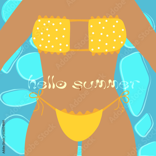 Summer poster with a tanned girl in bikini swimming in a pool. Hello summer. Summer vacation.