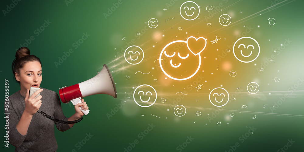 Young person with megaphone and healthy food icon Young person with megaphone and healthy food icon