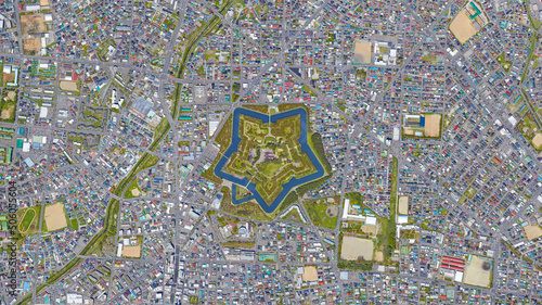 Hakodate City, Goryokaku Park, star castle and water canal looking down aerial view from above – Bird’s eye view Goryokaku Star Castle and Hakodate City, Hokkaido Japan