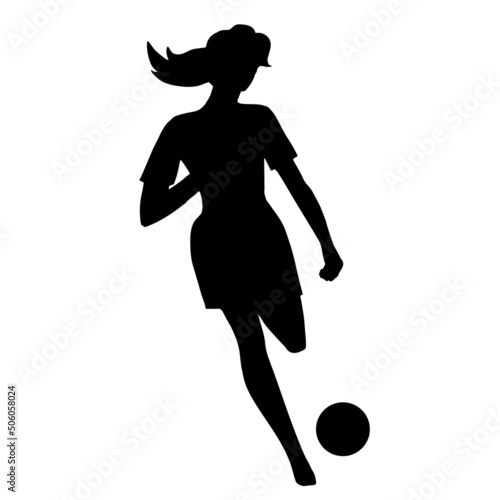 Silhouette of a sporty beautiful girl soccer player kicking a ball. Back view. Girl running, playing football. Black color art silhouette contour isolated on white background. Vector illustration.