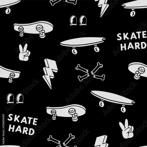 Hand-drawn skateboarding elements seamless pattern. Skate background. Skateboarding doodle illustrations.