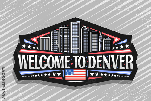 Vector logo for Denver, black decorative sign with illustration of famous denver city scape on dusk sky background, art design refrigerator magnet with unique brush letters for words welcome to denver
