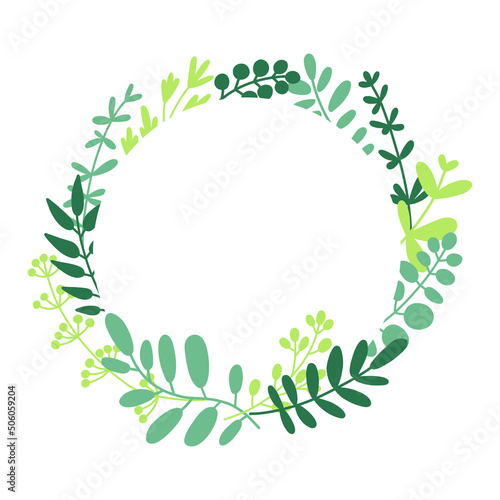 Herbs, twigs and leaves round circle frame with place for text. Flat vector illustration isolated on white.
