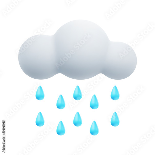 3D Cartoon Weather Icon of Rain. Sign of Cloud and Raindrops Isolated on White Background. Vector Illustration of 3d Render.