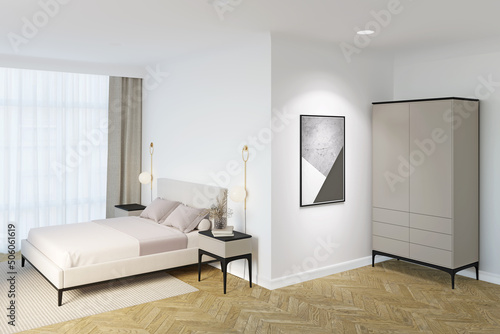Bright bedroom with a backlit vertical poster on a white wall next to a beige wardrobe, sconces and bedside tables on the sides of a bright modern bed by the window with beige curtains. 3d render