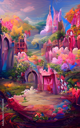 Mystical and magical background. Forest scenery with stone stairs, rocks and castle. Portrait illustration.