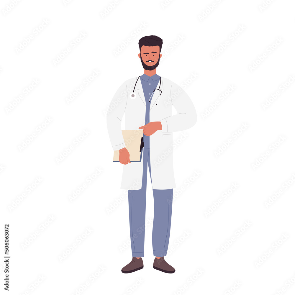 Standing bearded doctor man. Hospital professional worker, medical employee vector illustration