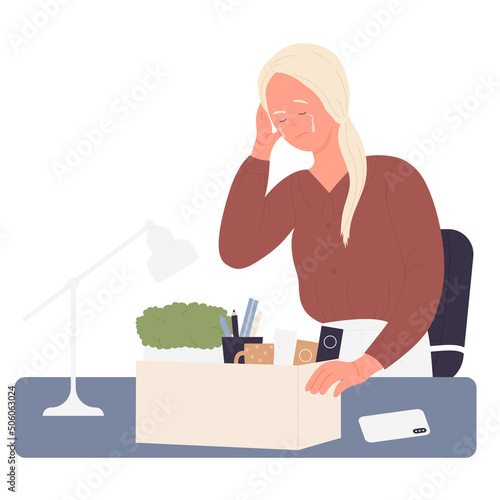 Fired female office employee crying. People dismissal, resigning and quitting job vector illustration