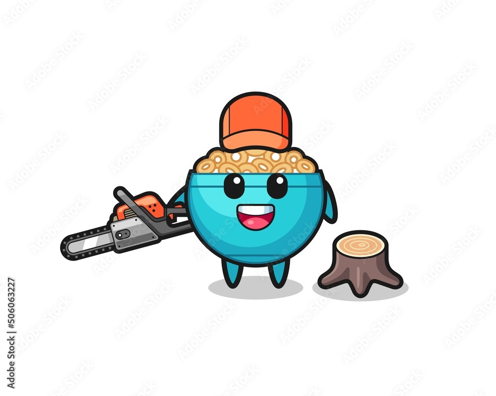 cereal bowl lumberjack character holding a chainsaw