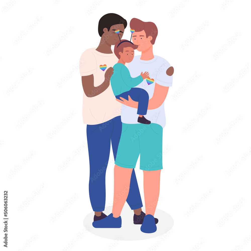 Gay couple standing together with adopted child. Happy lgbt family and parenting rights cartoon vector illustration