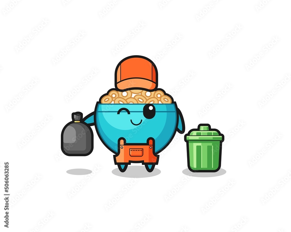 the mascot of cute cereal bowl as garbage collector the mascot of cute cereal bowl as garbage collector