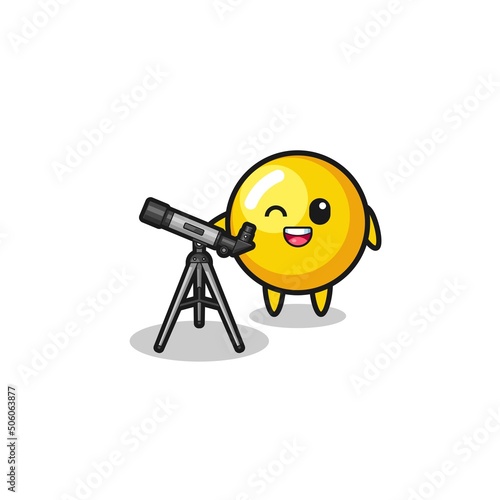 egg yolk astronomer mascot with a modern telescope