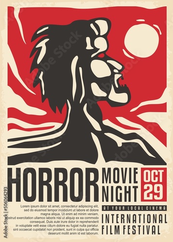 Horror movies festival poster design template with artistic werewolf concept and full moon graphic. Red and black illustration for cinema event. Monster vector.