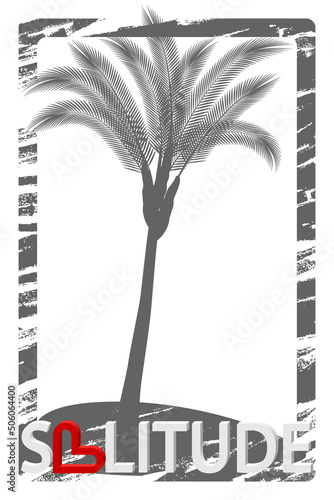 Palm tree on the island framed hand drawing and  text "solitude" 
