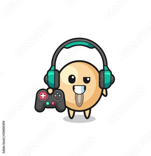 soy bean gamer mascot holding a game controller