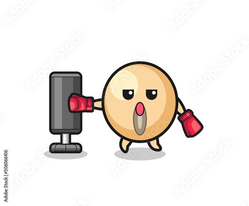 soy bean boxer cartoon doing training with punching bag