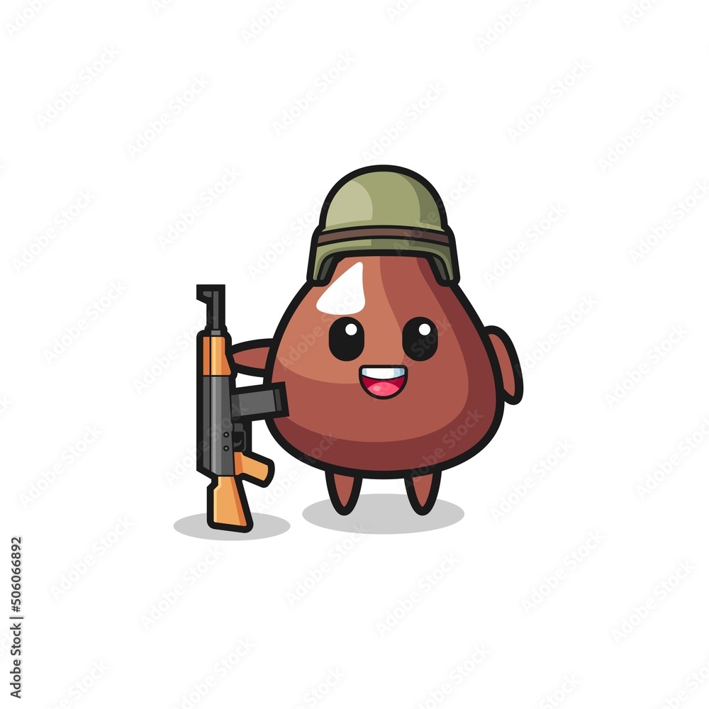 cute choco chip mascot as a soldier