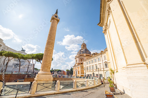 Canvas Print Ruins of Roman forum with Trajan column and church of the Most Holy Name of Mary