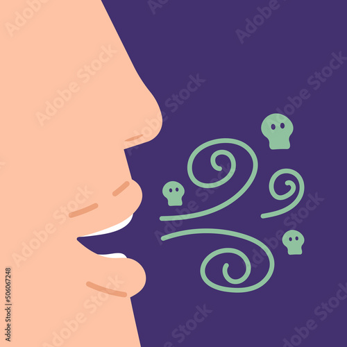 someone emits bad breath. mouth problems. flat cartoon illustration. design element or concept