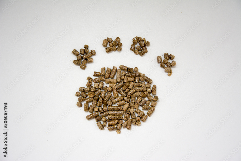 silhouette of a cat's paw from a wooden cat litter on a white background. For pet stores, for veterinarians, for cat food, pet products