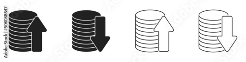 Coin stack with upward and downward arrow icon set. Black and linear style. Vector EPS 10