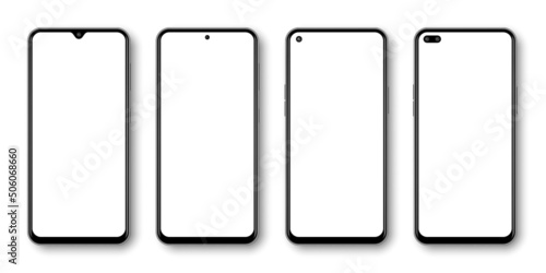 Smartphone mockup set. 3d Mobile phone models. Front view. Phones with white screen and shadow on transparent background