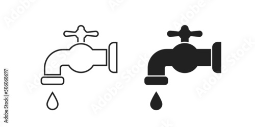 Tap icon set with water drop. Black and linear. Bathroom, faucet symbol. Vector EPS 10