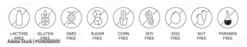 Ingredient warning linear icon set. Allergen free icons. Lactose, gluten, gmo, sugar, corn, soy, egg, nut paraben free labels. Vector EPS 10 photo