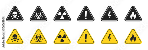 Warning icon set. Hazard symbols. Danger, radioactive, voltage, flame, biohazard, death. Vector EPS 10