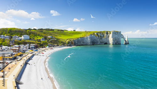 Picturesque panoramic landscape on the cliffs of Etretat. Natural amazing cliffs. Etretat, Normandy, France