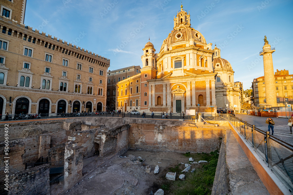Sunset view on Auditorium di Adriano and Church of Santa Maria di Loreto in Rome. Concept of historical landmarks and travel Italy