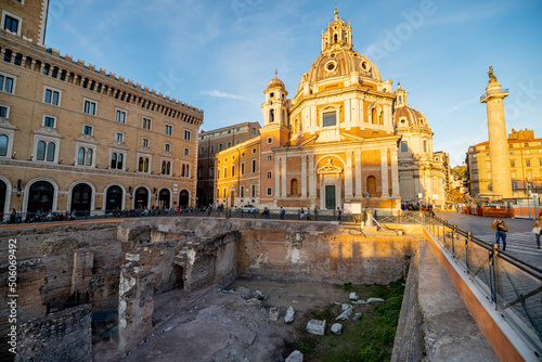 Sunset view on Auditorium di Adriano and Church of Santa Maria di Loreto in Rome. Concept of historical landmarks and travel Italy