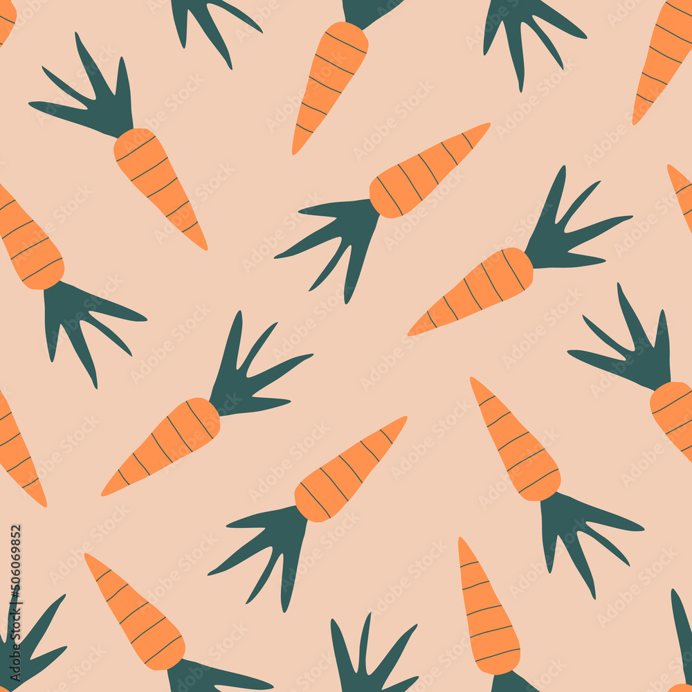 Orange carrots hand drawn vector illustration. Vegetable seamless pattern for kids fabric.